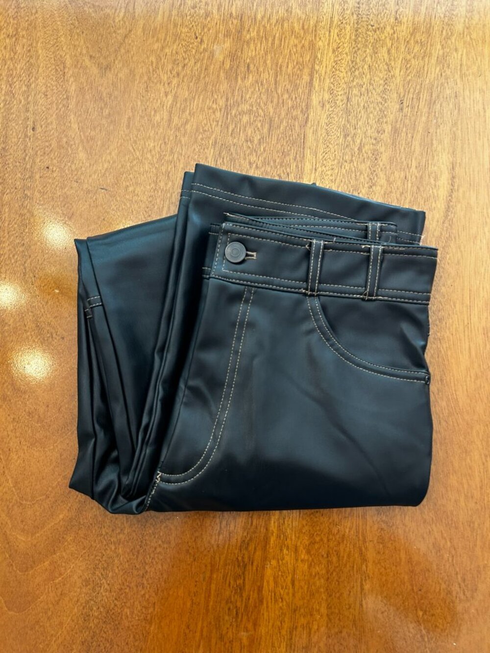 High waisted black leather contrast stitch trousers